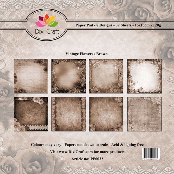 Vintage Flowers designpapirblok fra DixiCraft - Brun - PP0032