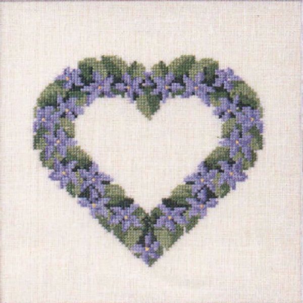 Søde korsstingsbroderier med blomster i hjerte til nålepuder eller projektpose fra Oehlenschläger - 65173 Violer