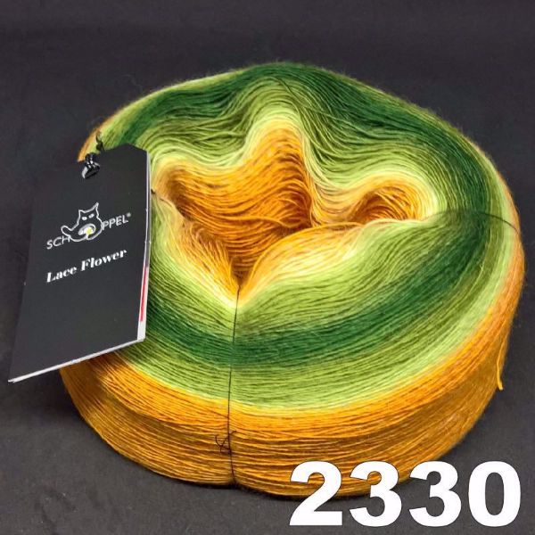 Lækker blød Merino Supersoft - Lace Flower fra Scoppel - Orange gul til flaskegrøn 2330