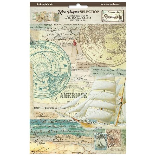 Stamperia Around the World A4 Rice Paper Backgrounds kollektion (6 stk) - DFSA4XAW