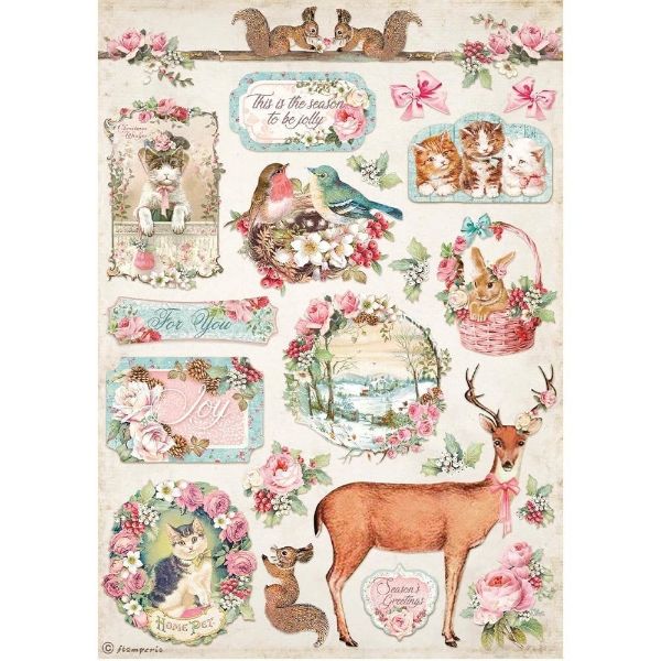 Pink Christmas - Deer - A4 Ris Papir 1 ark - DFSA4629 fra Stamperia